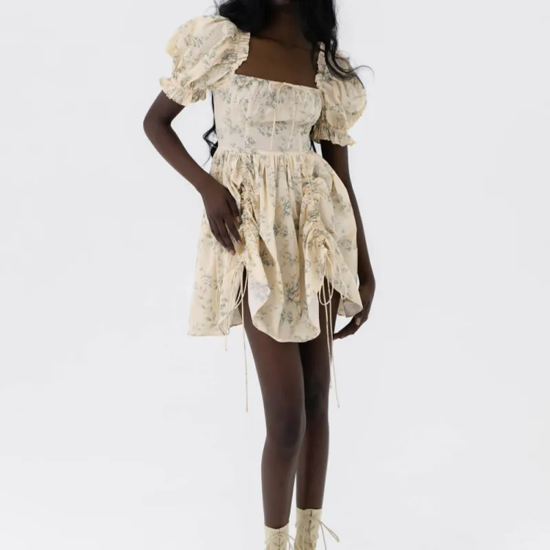 Selkie Collection SS24 Short Sleeved Dress Women's Dark Yellow With Country Green Leaf Print-1
