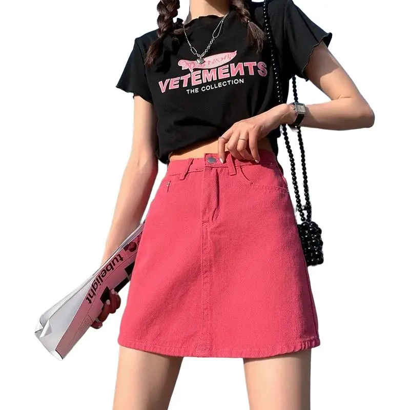 NHZN Denim Short Skirts Women's Rose Red-1