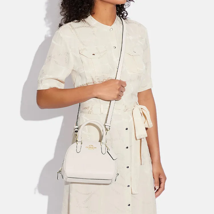 COACH Sydney Cross-Stitch Leather Dome Bag Handbags Shoulder Bag Crossbody Bag Small Size Women's Chalk White-4