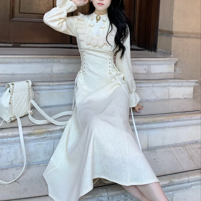 Blovelan Long Sleeved Dresses Women's Apricot-6
