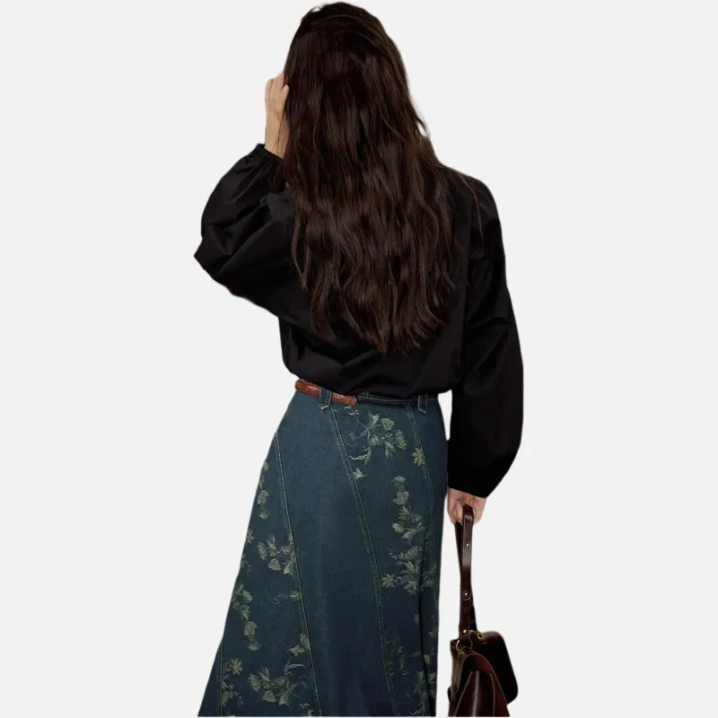SOLIGHTER Denim Long Skirts Women's Vintage Jacquard-2