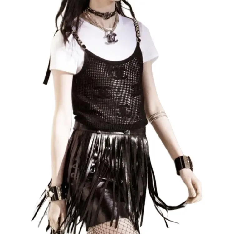 CHANEL Embroidery Letter Cut Out Camisole Short Sleeved Regular T Shirt Women's White-1