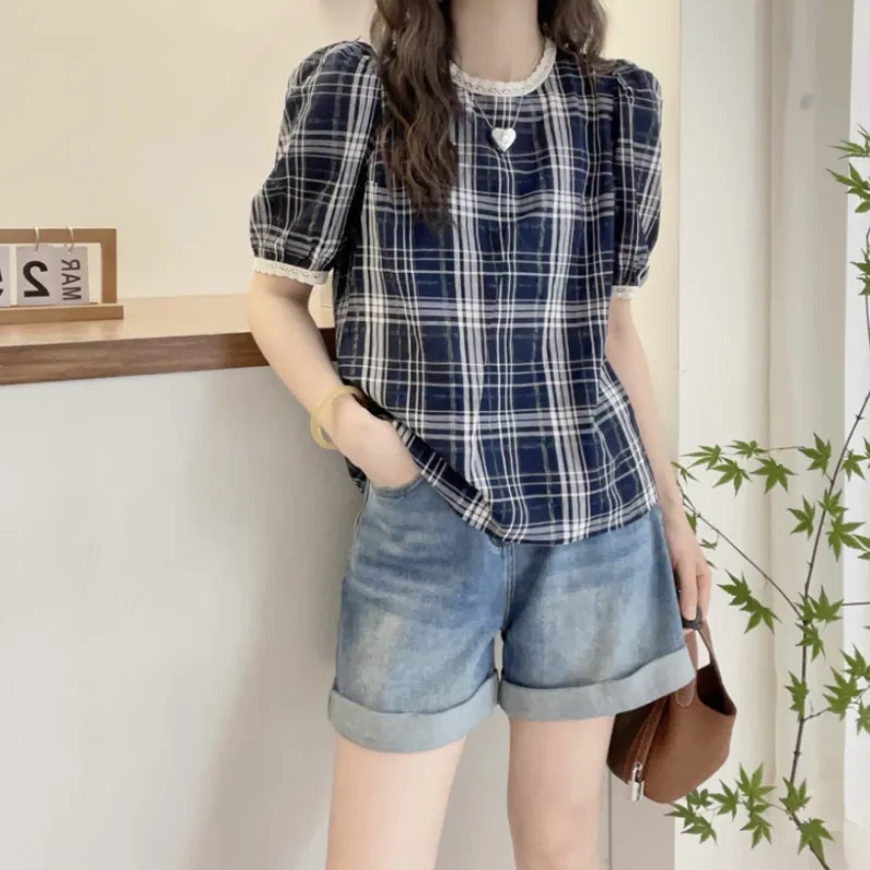 Oudifu Puff Sleeve T Shirt Women's Blue-4