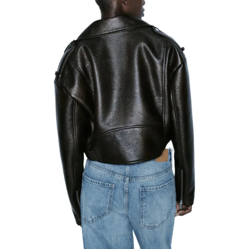 ZARA Leather Jacket Women's Dark Brown-2