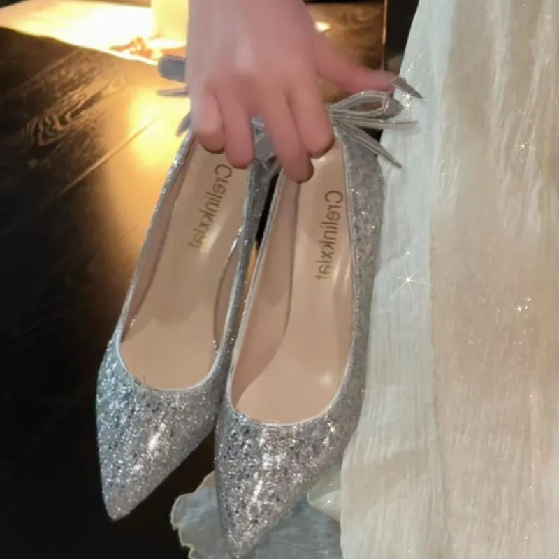 Crelinkxlat French Fairy Soft Pointed Toe Elegance Evening Princess Crystal Slim Heel High Heels Women's-4