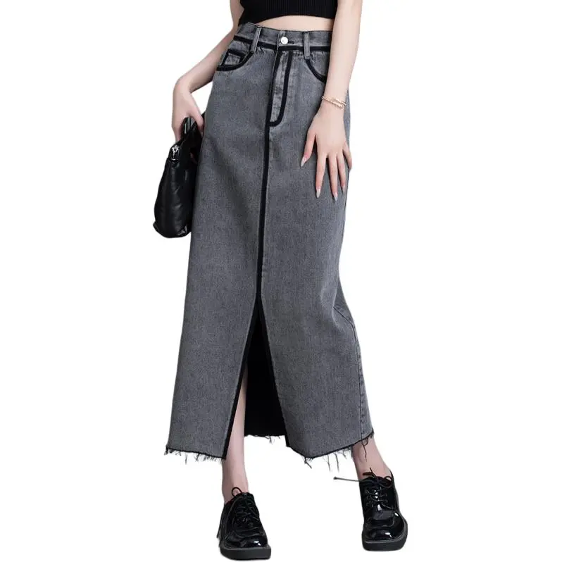 You Cow Me Pants Denim Long Skirts Women's Gray-3