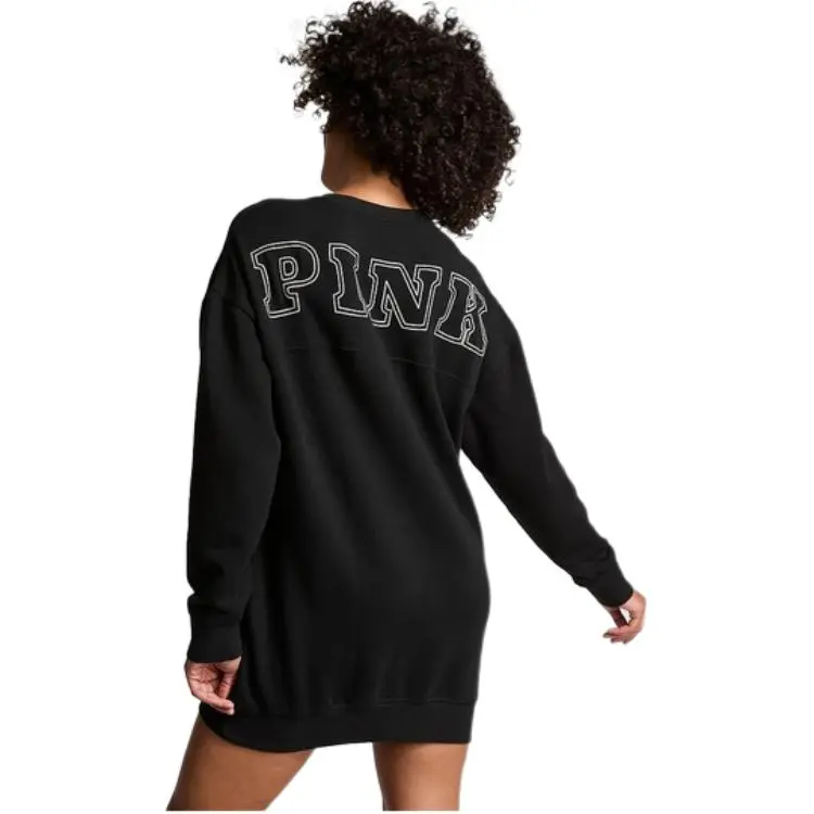Victoria's Secret PINK Ivy Fleece Oversized Sweatshirt Dress/Pure Black Long-Sleeved Dresses Women's Pure Black-1