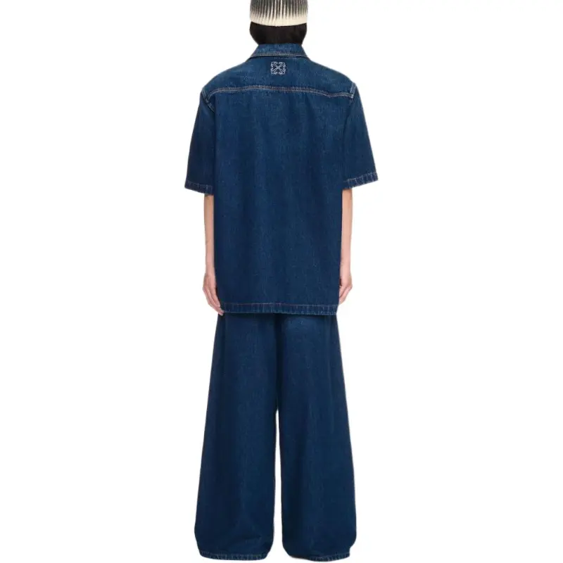 OFF WHITE Logo Embroidered Short Sleeved Denim Shirt-4