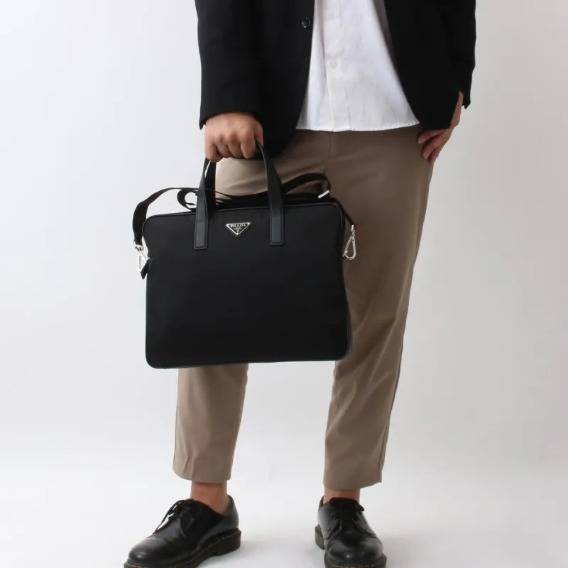 PRADA Saffiano Leather With Nylon Patchwork Fabric Tote Bag Shopping Bag Handbag Regular Men's Black-4