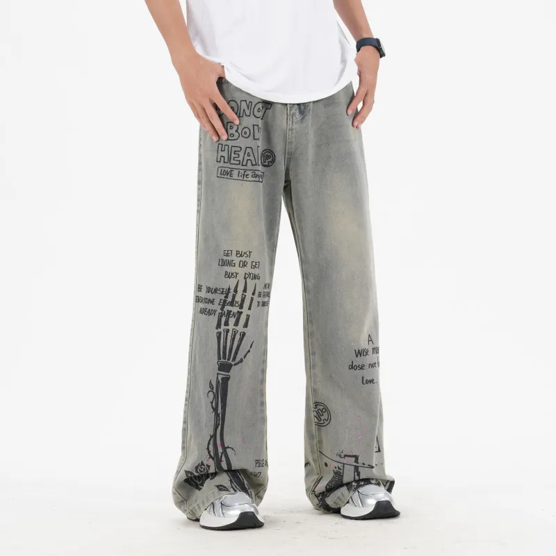 DNBH Hand drawn Doodle Series Jeans Unisex Yellow Mud-3