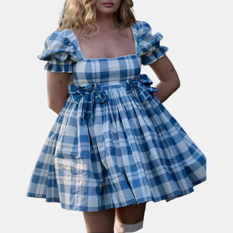 Selkie Collection FW24 Short-Sleeved Dresses Women's Navy Blue Bottom White Plaid Tea Towel Print-4