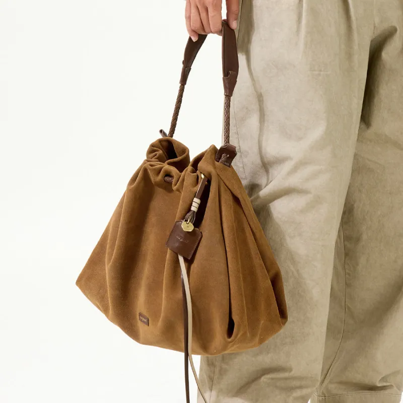 Songmont Split Cow Leather Suede Crossbody Bag, Shoulder Bag Medium Size Unisex Sand Dusk Brown-9