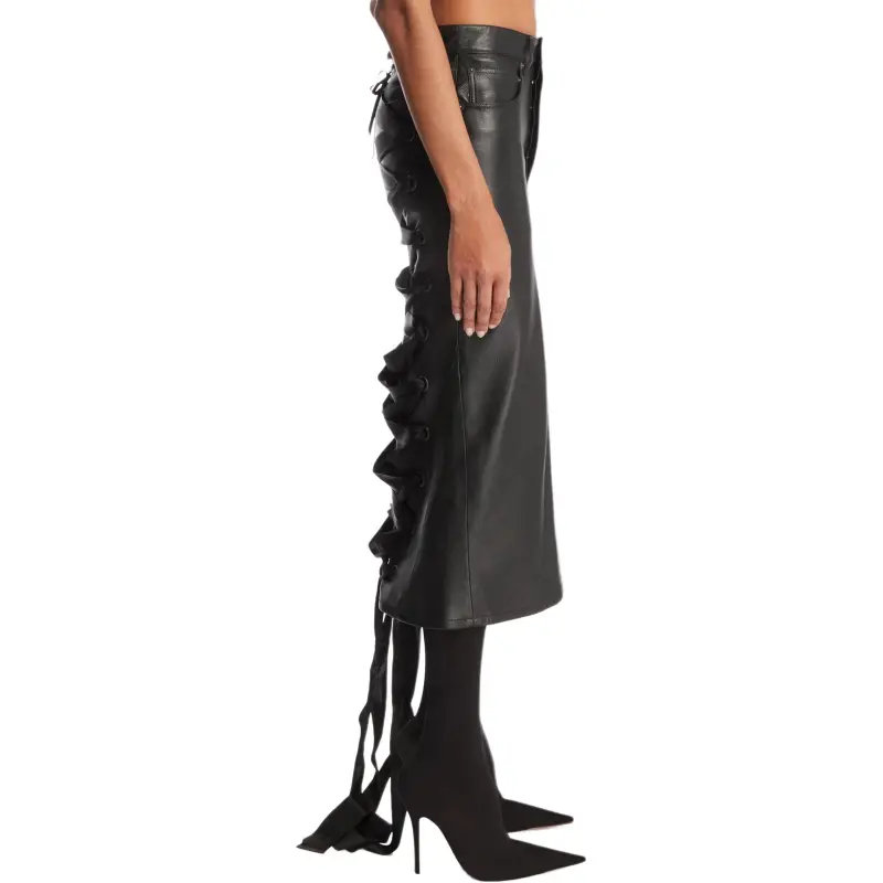 Balenciaga Leather Long Skirt Women's Black-4