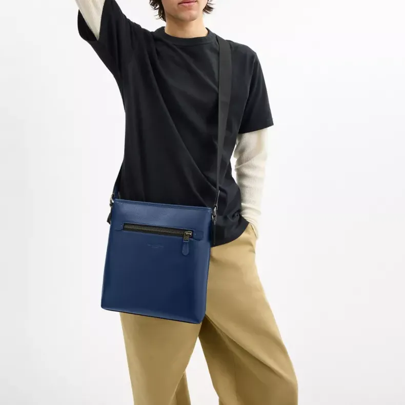 COACH Litchi Grain Leather With Smooth Calfskin Shoulder Bag, Crossbody Bag Medium Size Men's Dark Blue-4