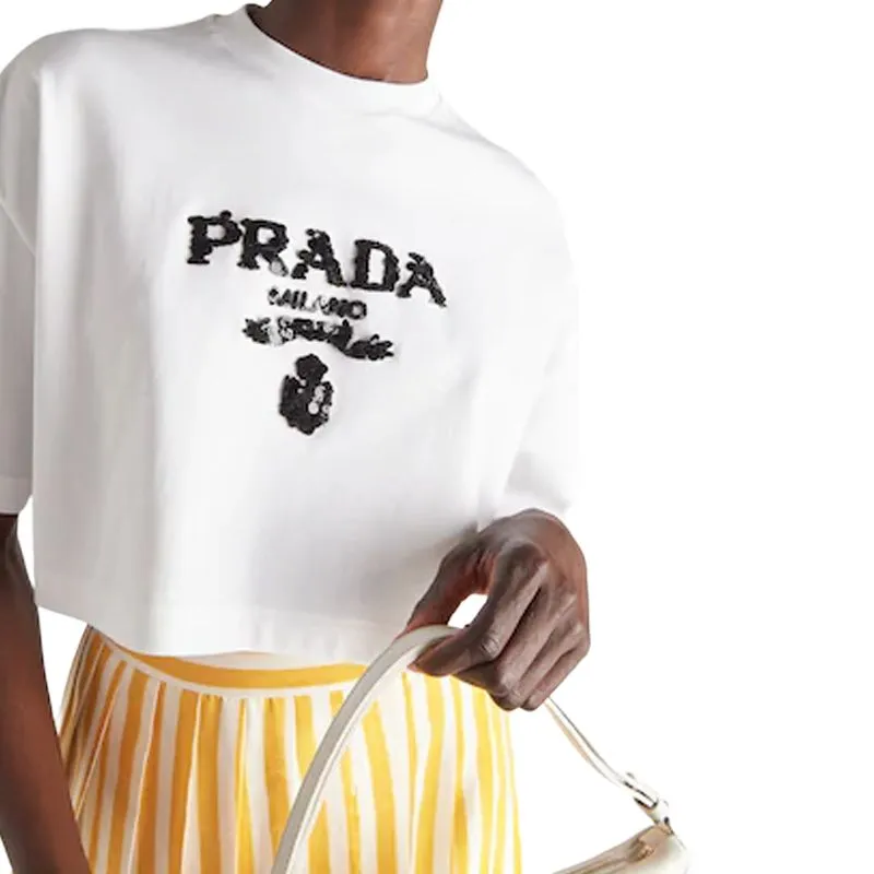 PRADA Embroidered Interlock Crop T shirt White-3