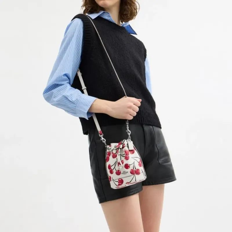 COACH Leather Bucket Bag, One Shoulder Handbag Mini Women's Chalk Multicolor-3