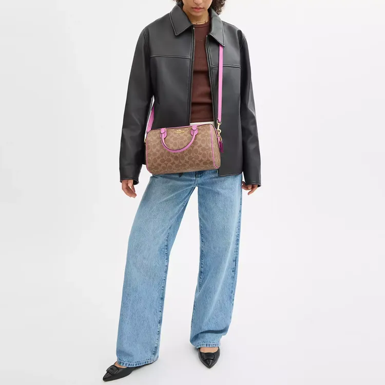 COACH Rowan Signature Coated Canvas Boston Bag, Shoulder Bag, Crossbody Bag, Handbag Medium Size Women's Pink & Brown-4