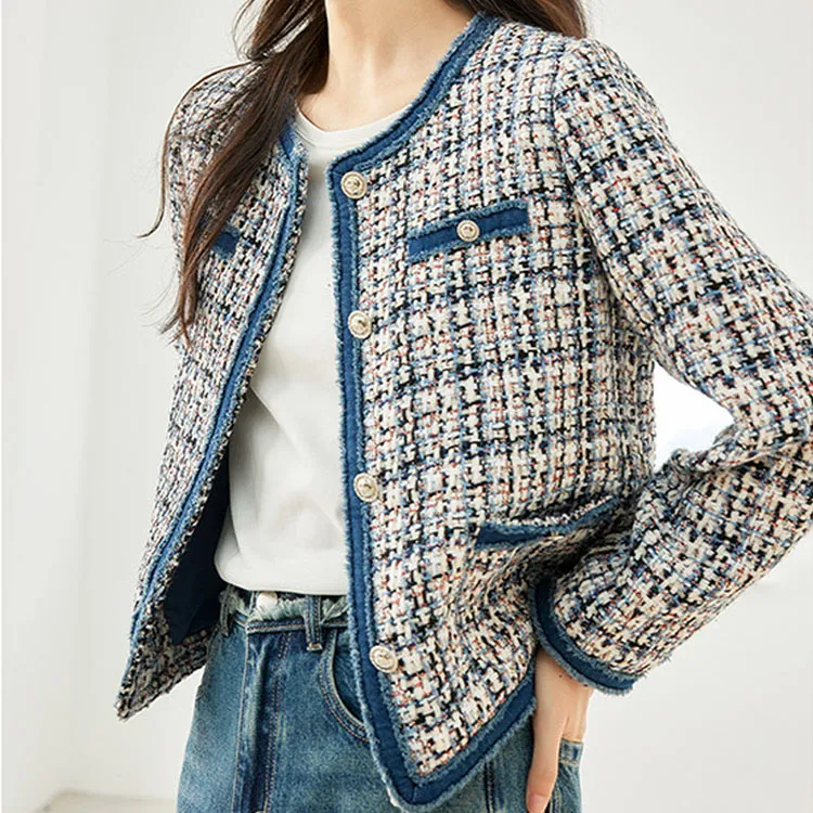 VIMLY Cropped Coats Women's Blue White Plaid-1