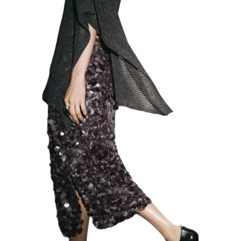 ZARA Casual Long Skirt Women's Dark Purple Red-2