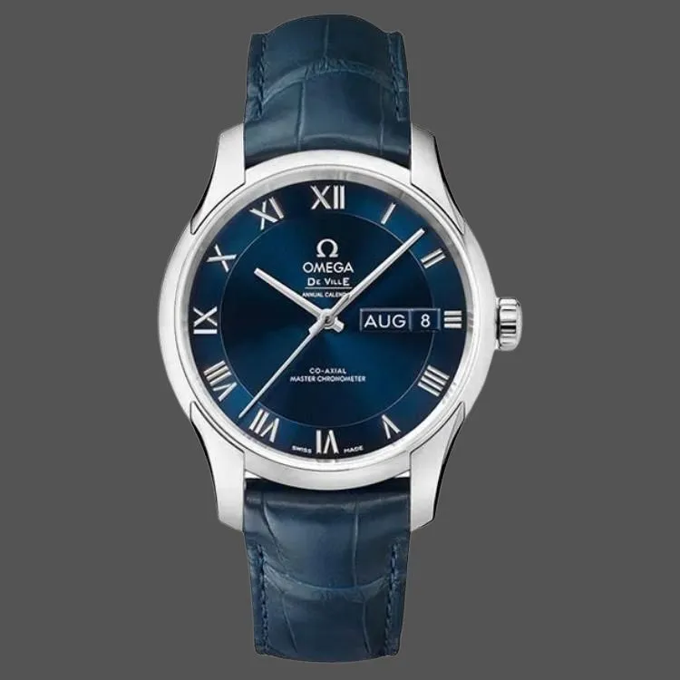 OMEGA Automatic Mechanical Movement Men's Watches Watch Blue Dial Stainless Steel Case Crocodile Leather Strap-3