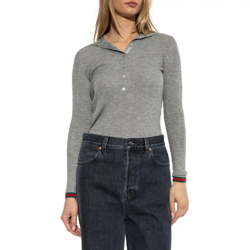 GUCCI Ribbed Knit Long Sleeve Polo Shirt-1