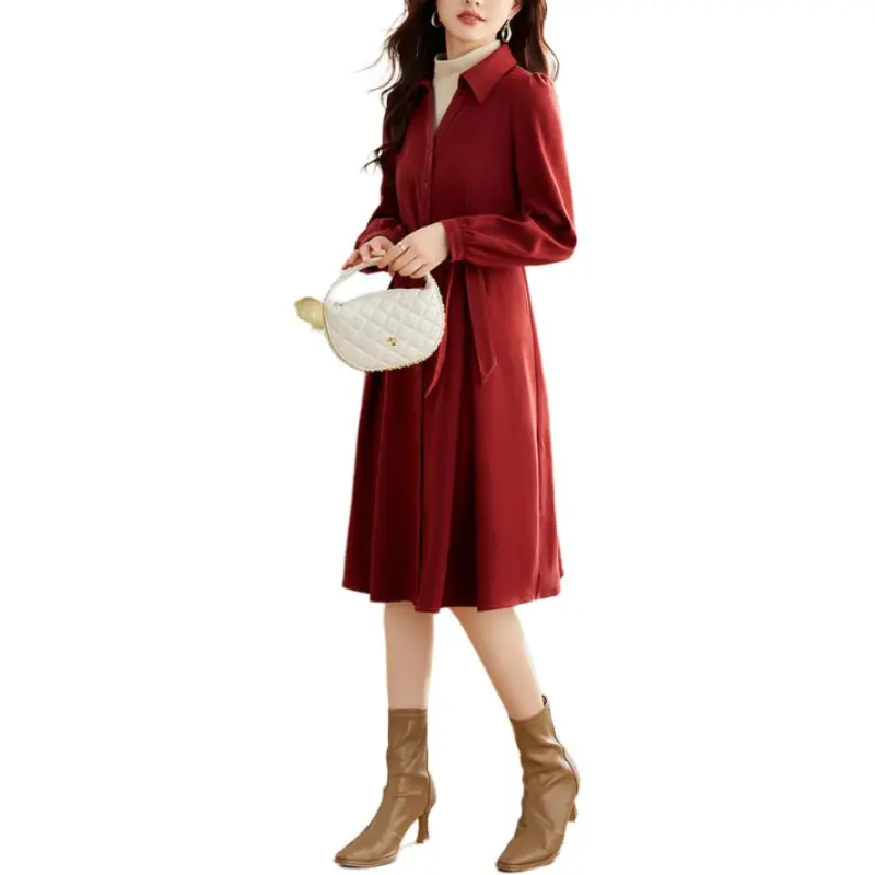 【dme】 Long Sleeved Dress Women's Sauce Red-1