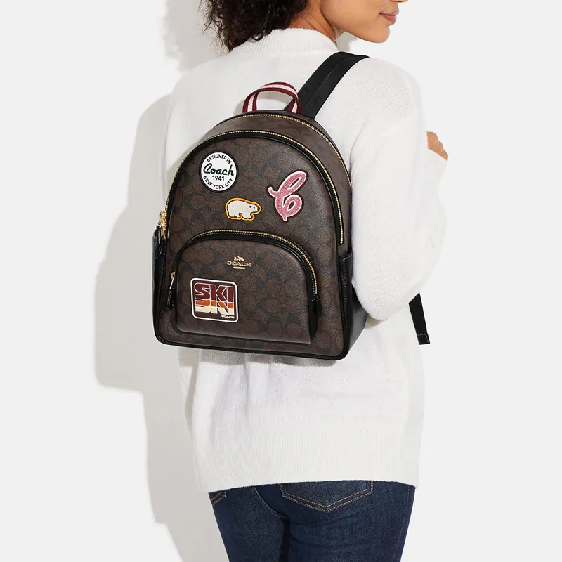 COACH Court Coated Canvas With Pebbled Leather Backpack Large Size Women's Brown Black-3