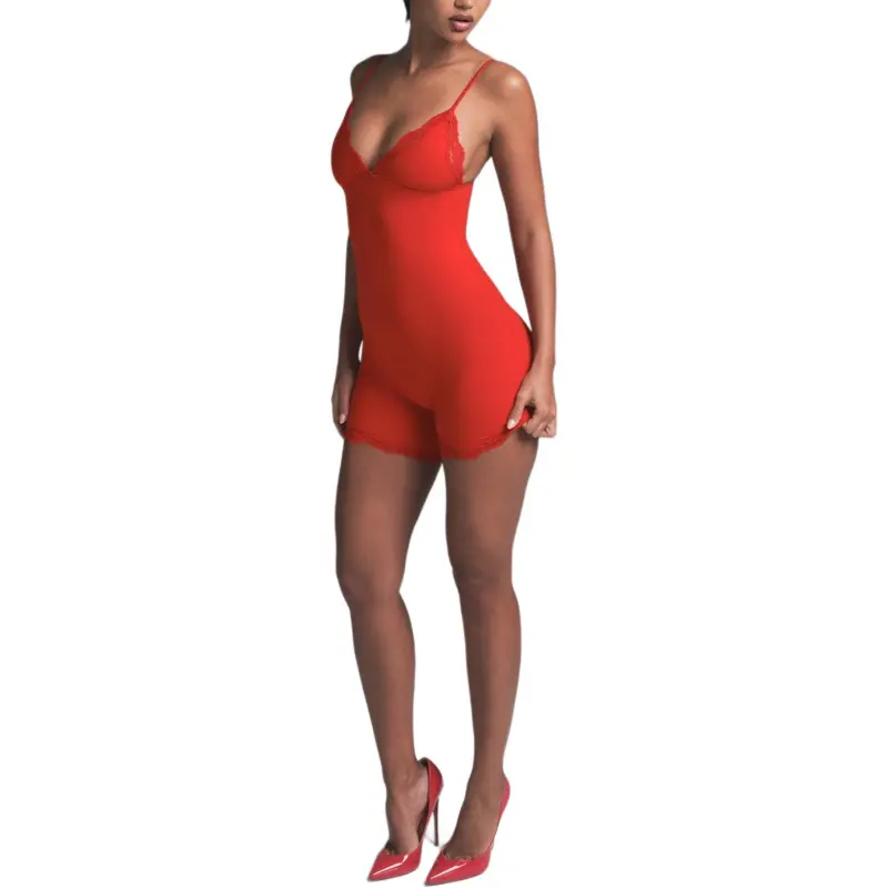SKIMS Valentine's Day Collection SS25 FITS EVERYBODY LACE TRIANGLE ONESIE Jumpsuit Women's CAYENNE/Cayenne-2