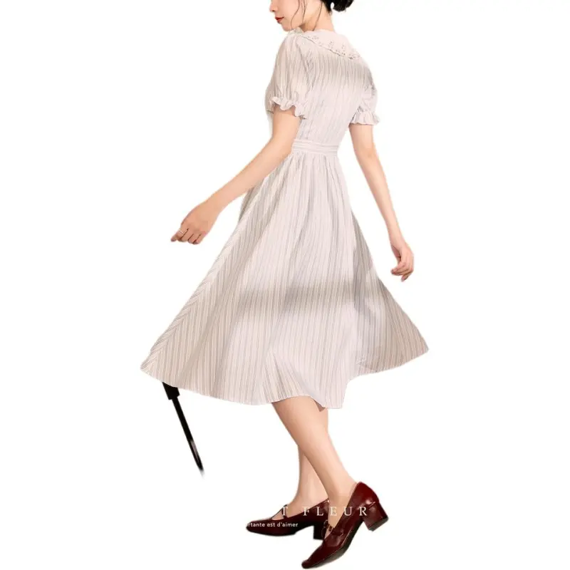 QIAOYUHUAZUN Short Sleeved Dresses Women's Blue White Stripes-6