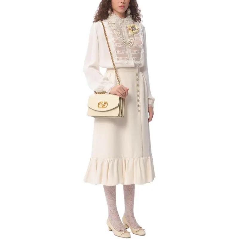 Valentino Crepe Couture Ruffled Hem Midi Skirt-1