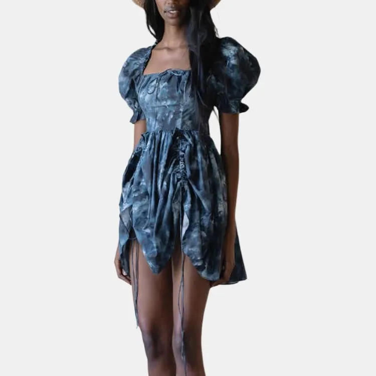 Selkie Collection SS24 Short Sleeved Dress Women's Deep Blue With Ink Splatter Print-1