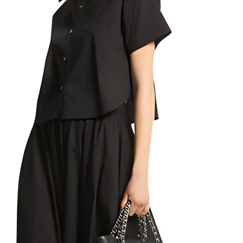MICHAEL KORS Stretch Organic Poplin Handkerchief Midi Skirt Short-Sleeved Dresses Women's Black-2
