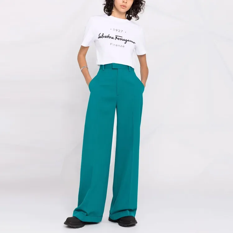FERRAGAMO Letter Print Crew Neck Short Sleeved T Shirt T Shirt Women's White-1