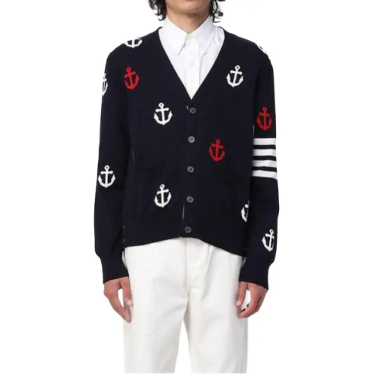 THOM BROWNE 4 Bar Anchor Intarsia Cardigan-4