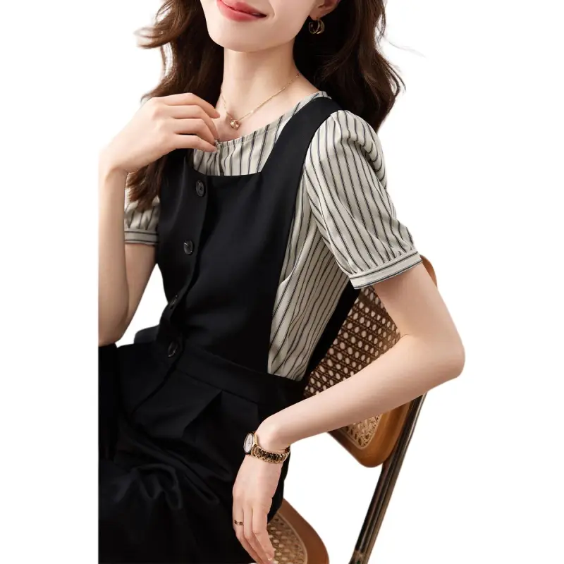 Mo Han Yi Mei Casual Suit Women's 2 Piece Set Black Stripes-1