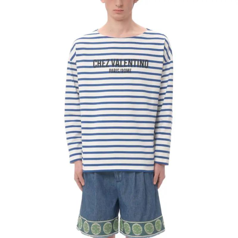 Valentino Striped Logo Printed Crewneck T Shirt-1