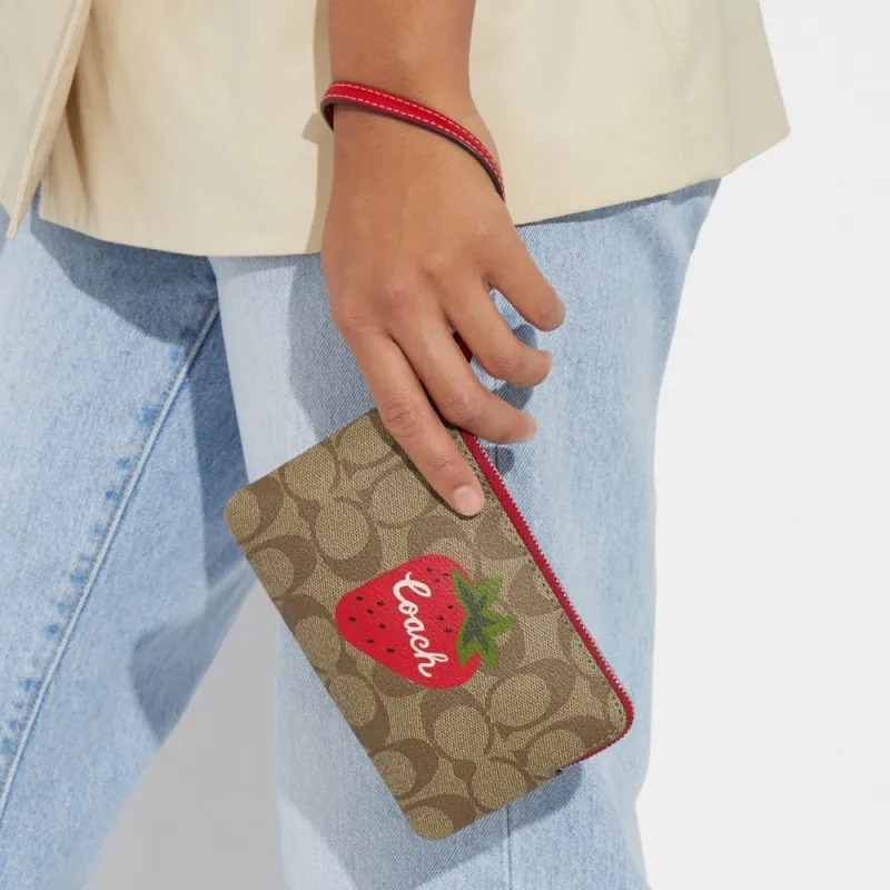 COACH Corner Zip Coated Canvas With Smooth Leather Clutches Wallets Small Size Women's Brown-5
