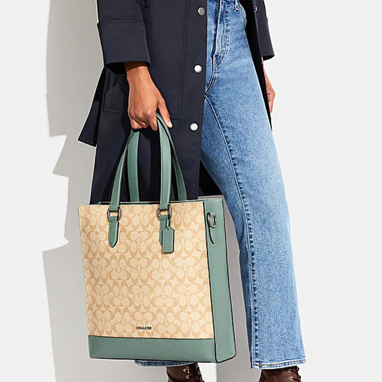 COACH Graham Cow Leather Tote Bag, Shopping Bag, Handbag, Shoulder Bag, Crossbody Bag Tubas Unisex Khaki & Green-3