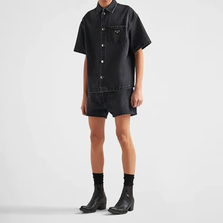 PRADA Logo Plaque Short Sleeved Denim Shirt-1
