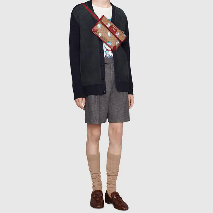 GUCCI Doraemon Collaboration Canvas With Leather Sling Bag Fanny Pack Unisex Beige/Ebony/Cherry Red-5