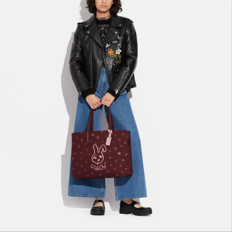 COACH Canvas With Leather Tote Bag, Shopping Bag, Canvas Bag, Handbag, Shoulder Bag Women's Burgundy-5