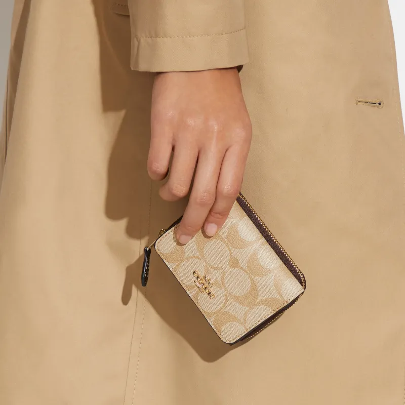 COACH Trifold Wallet Coated Canvas With Smooth Leather Detail Card Holder Wallet Small Size Women's Light Khaki & Brown-3