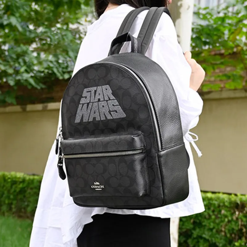COACH Star Wars Xingji Battle Collaboration Canvas With Leather Backpack Large Size Women's Gray Black-7