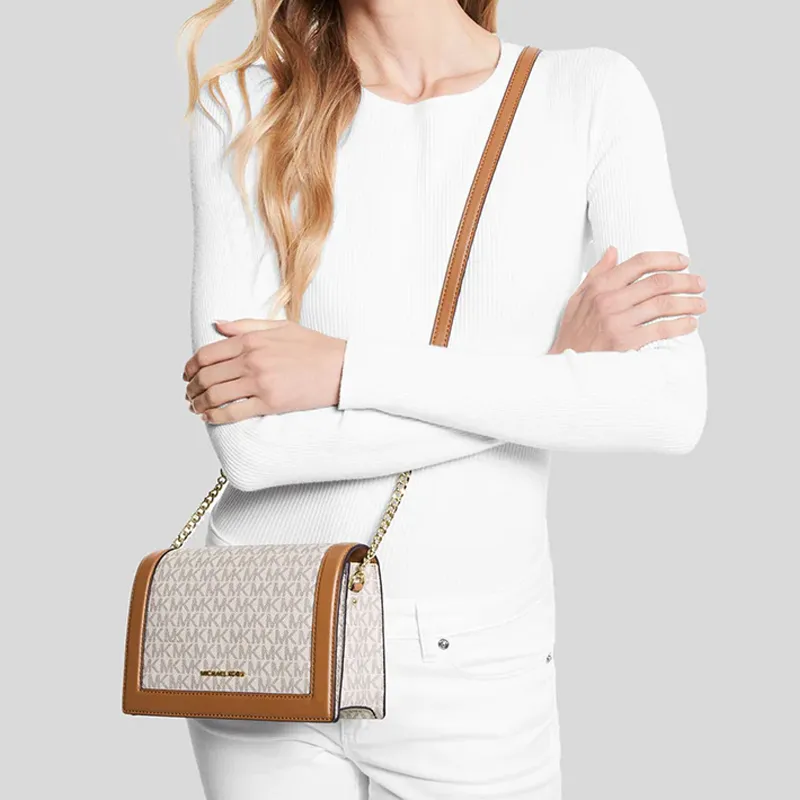 MICHAEL KORS Jet Set Travel Canvas Shoulder Bag, Crossbody Bag Large Size Women's Vanilla & Brown-3
