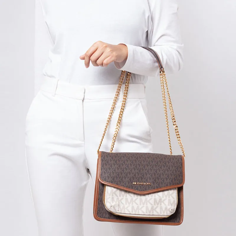 MICHAEL KORS Regina Leather Shoulder Bag Crossbody Bag Medium Size Women's Vanilla & Brown-3
