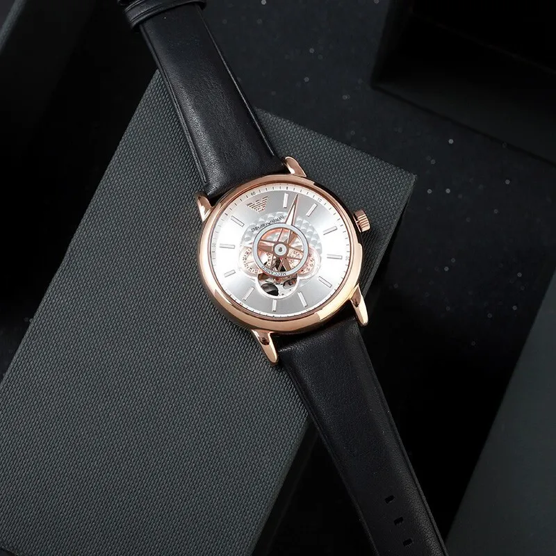 EMPORIO ARMANI Wrist Watch Mechanical Movement Leather Watch Bands Cut Out Dial Men's Watches-3
