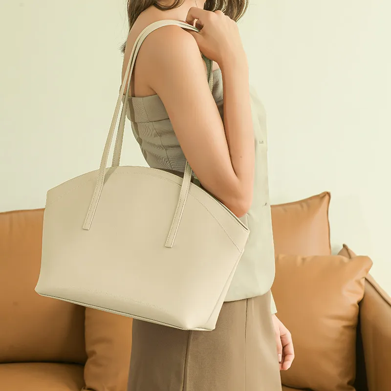 MISS MUSI Cow Leather Handbag Dome Bag Tote Tote Bag Shopping Bag Shoulder Bag Women's Ecru/Milk Tea Gray/Cassava-1