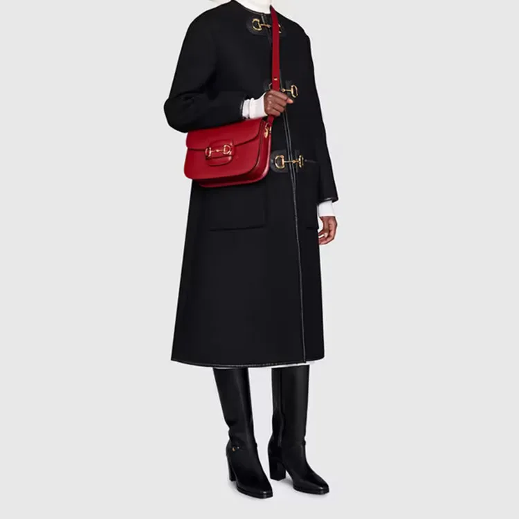 GUCCI Horsebit 1955 Leather Saddle Bag, Shoulder Bag, Crossbody Bag Trumpets Women's Red-9