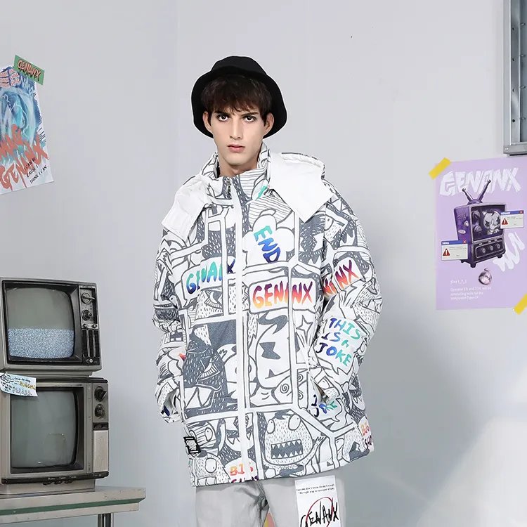 GENANX Cartoon Stand Collar Loose Fit Puffer Jacket Unisex White-2