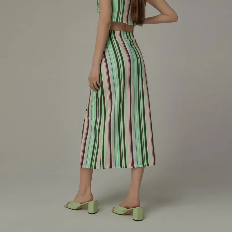 CHUU Casual Long Skirts Women's Pink Stripes-4